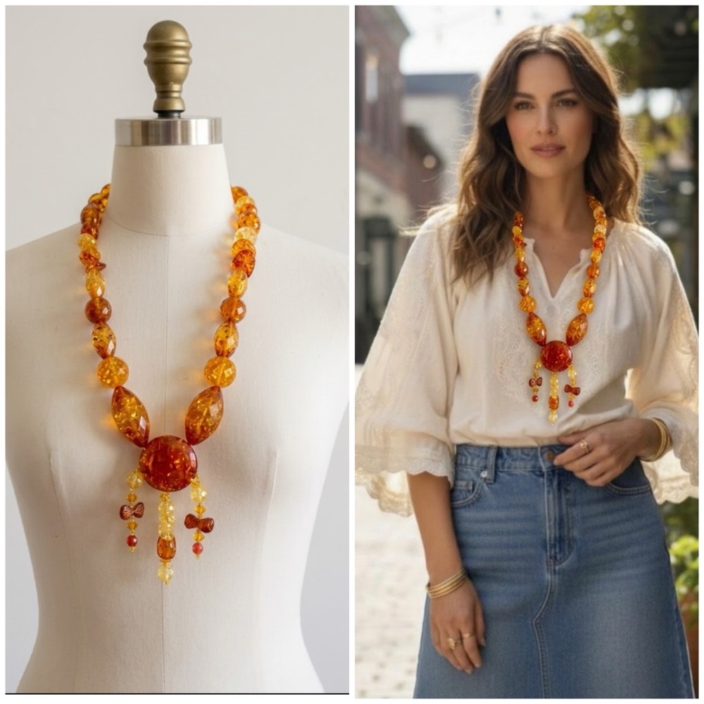Vintage 1970s Honey Amber Resin with Pendant  Boho Statement Necklace 18”